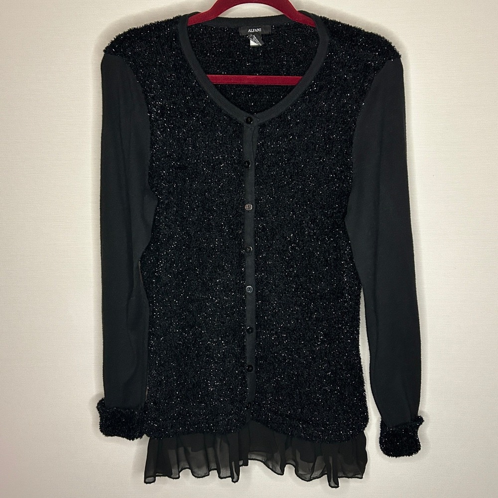 Alfani Black Sparkle Cardigan Sweater Chiffon Ruffle Hem L Metallic Festive Chic